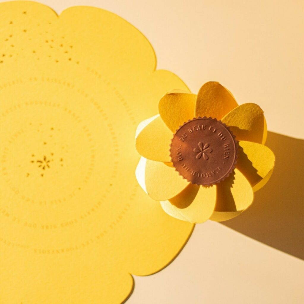 Carte voeux emballage origami fleurs – découpe et rainage laser – Gmund Colors Matt 31