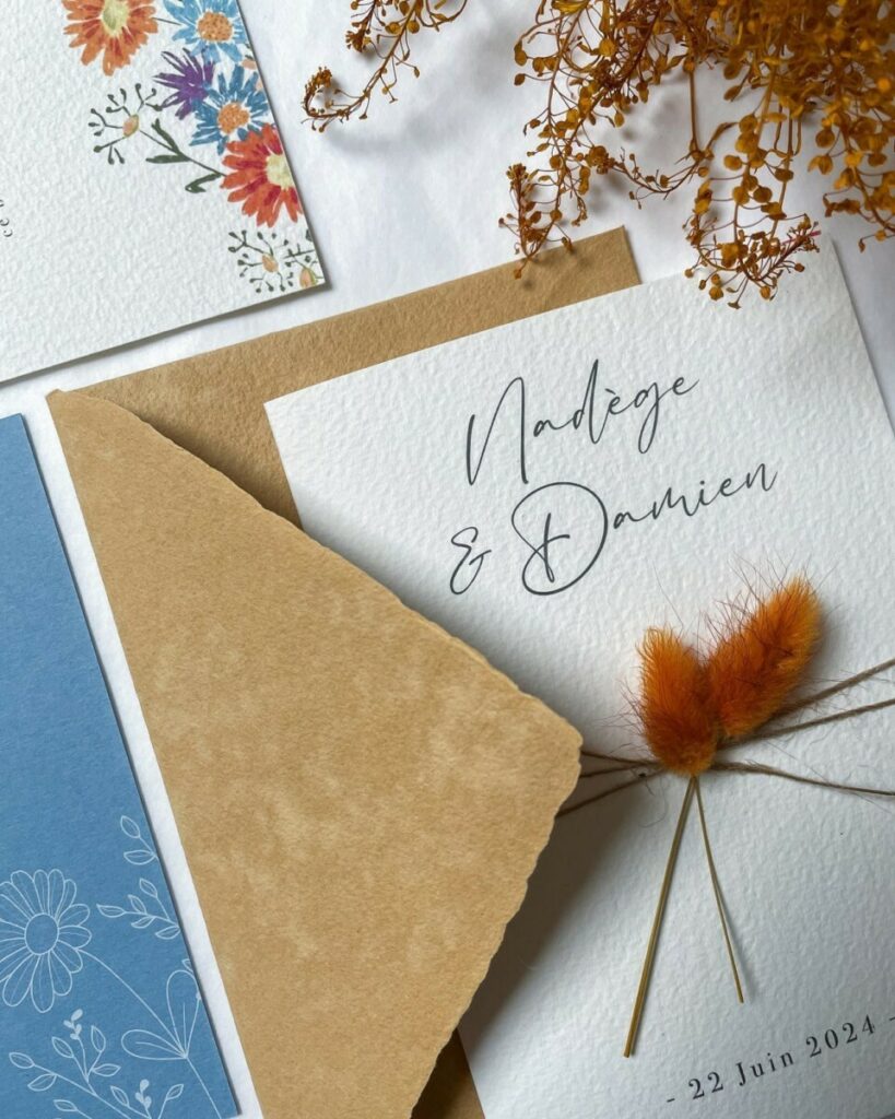 Faire-part de mariage avec fleurs séchés queue de lapin – Papier coton texturé Arches 400g – Colorplan New Blue 350g impression blanche numérique – Enveloppe kraft patte pointue