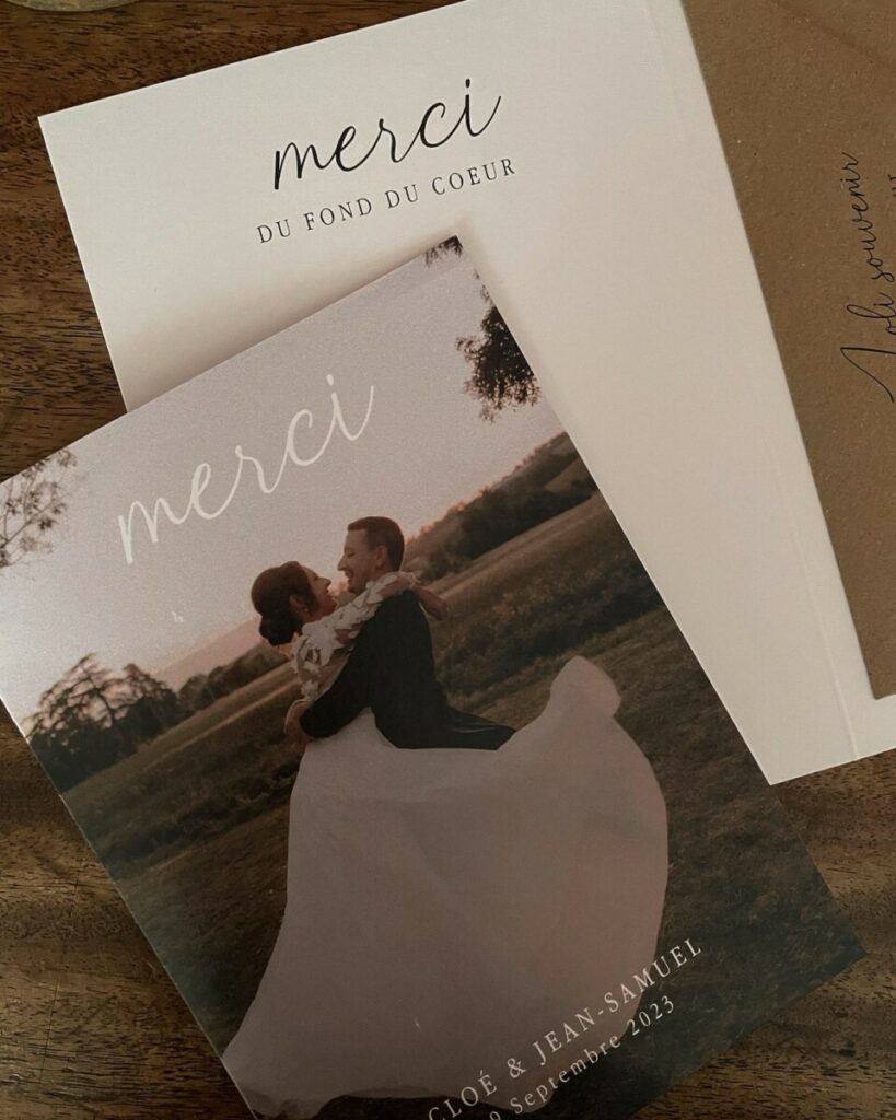 Remerciement de mariage avec photo et enveloppes kraft recyclé patte pointue
