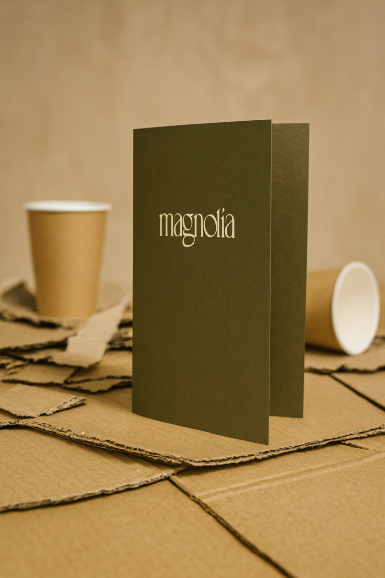 Couverture pour menu de restaurant luxe avec papier recyclé a base de gobelets et marquage à chaud beige