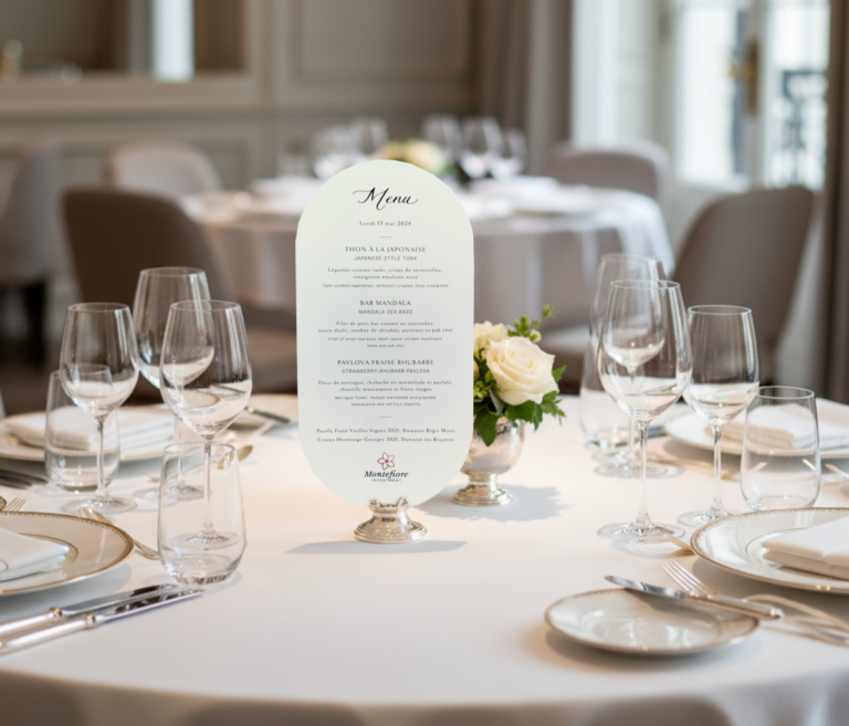 Menu pour réception corporate avec découpe sur mesure ovale et papier de création