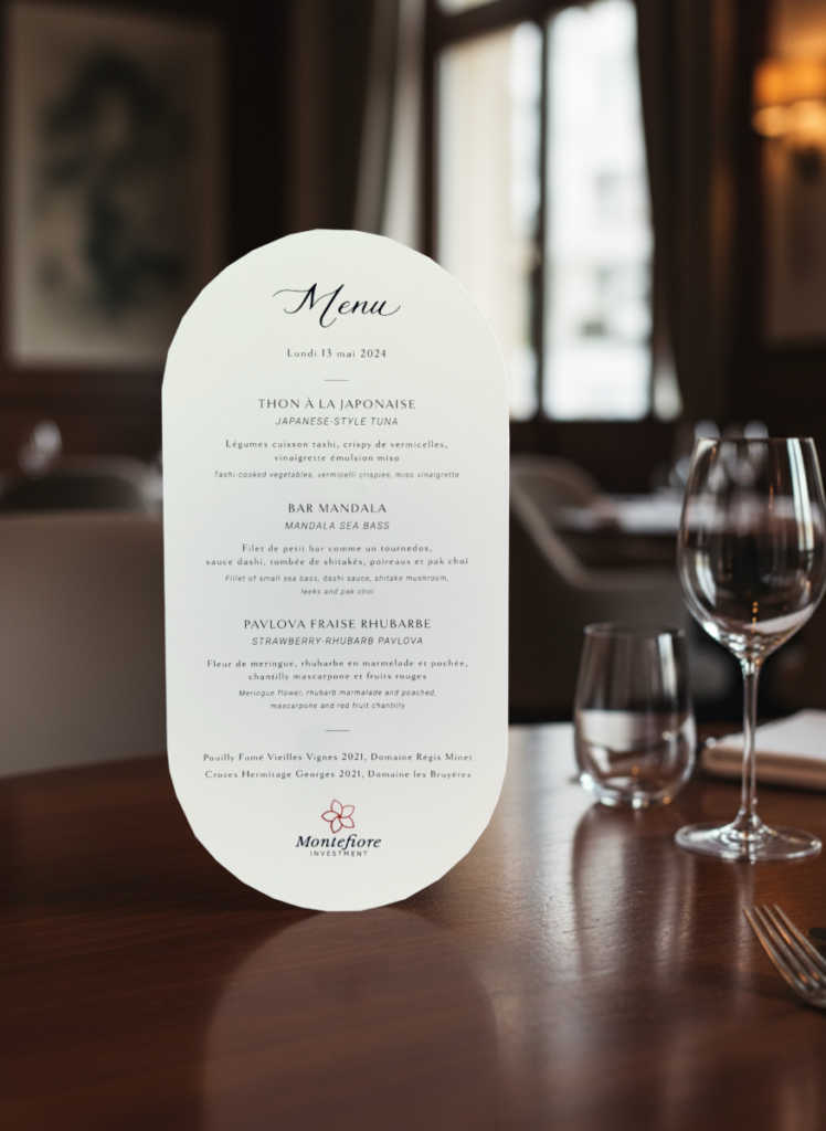 Menu pour réception corporate avec découpe sur mesure ovale et papier de création