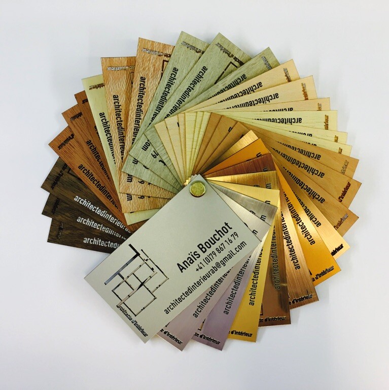 Nuancier de Cartes de Visites Bois et Metal – Impression Noir, Découpe et Gravure laser