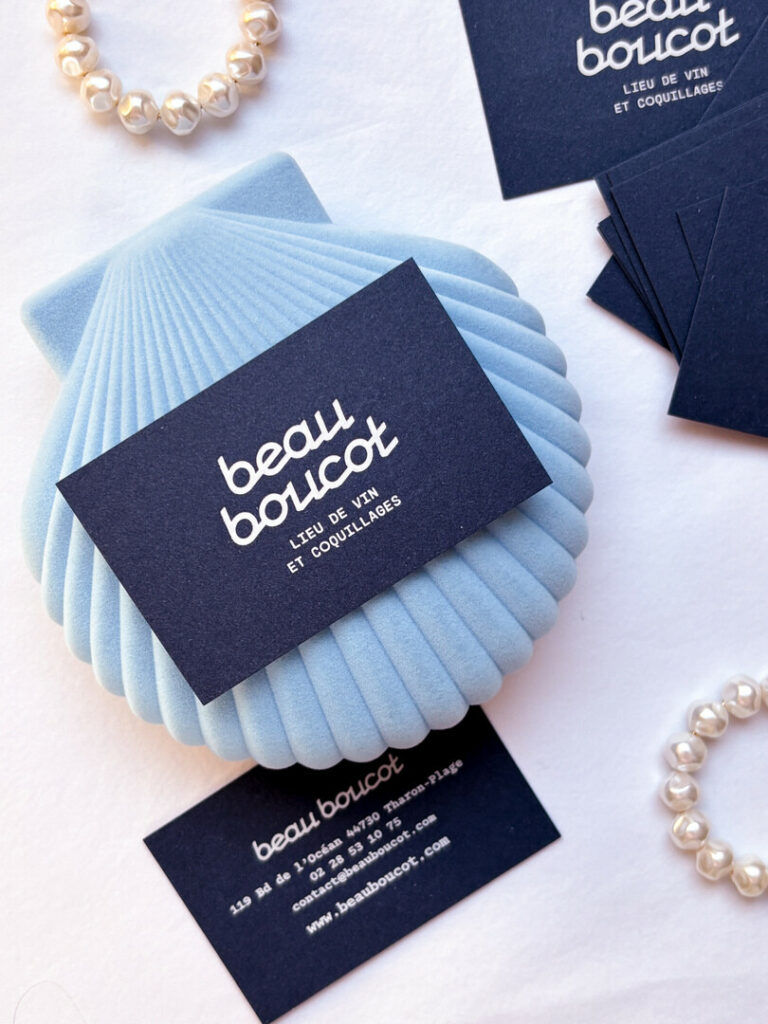 Cartes de visite pour bistrot marin papier bleu dorure blanche recto verso