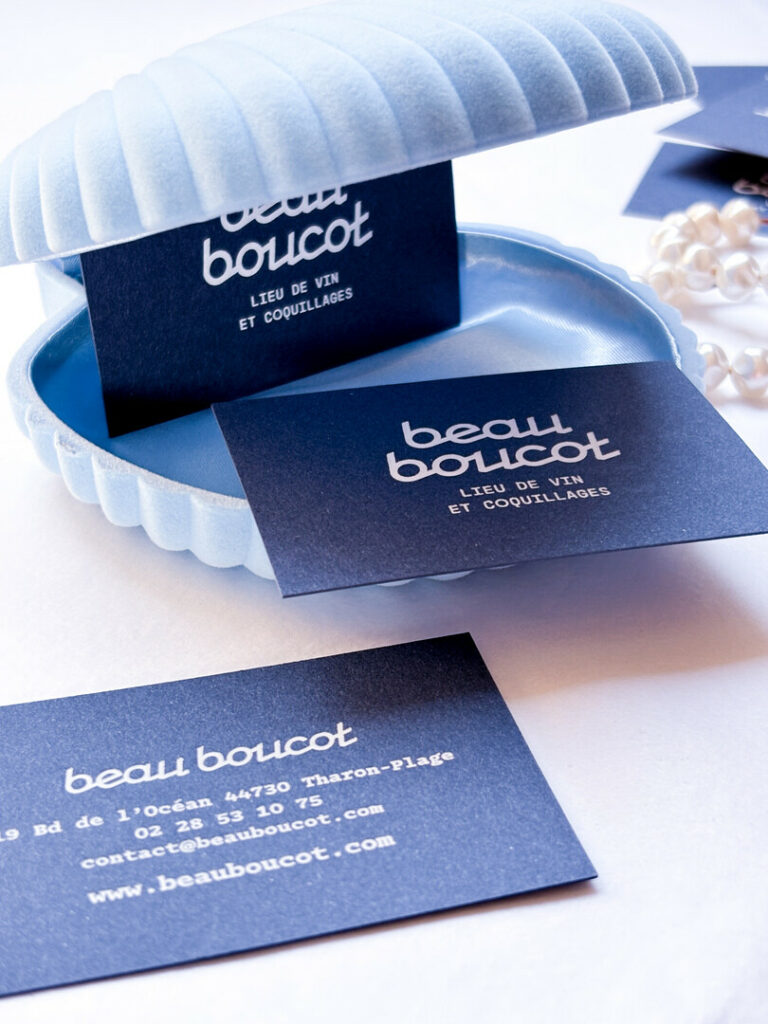 Cartes de visite pour bistrot marin papier bleu dorure blanche recto verso