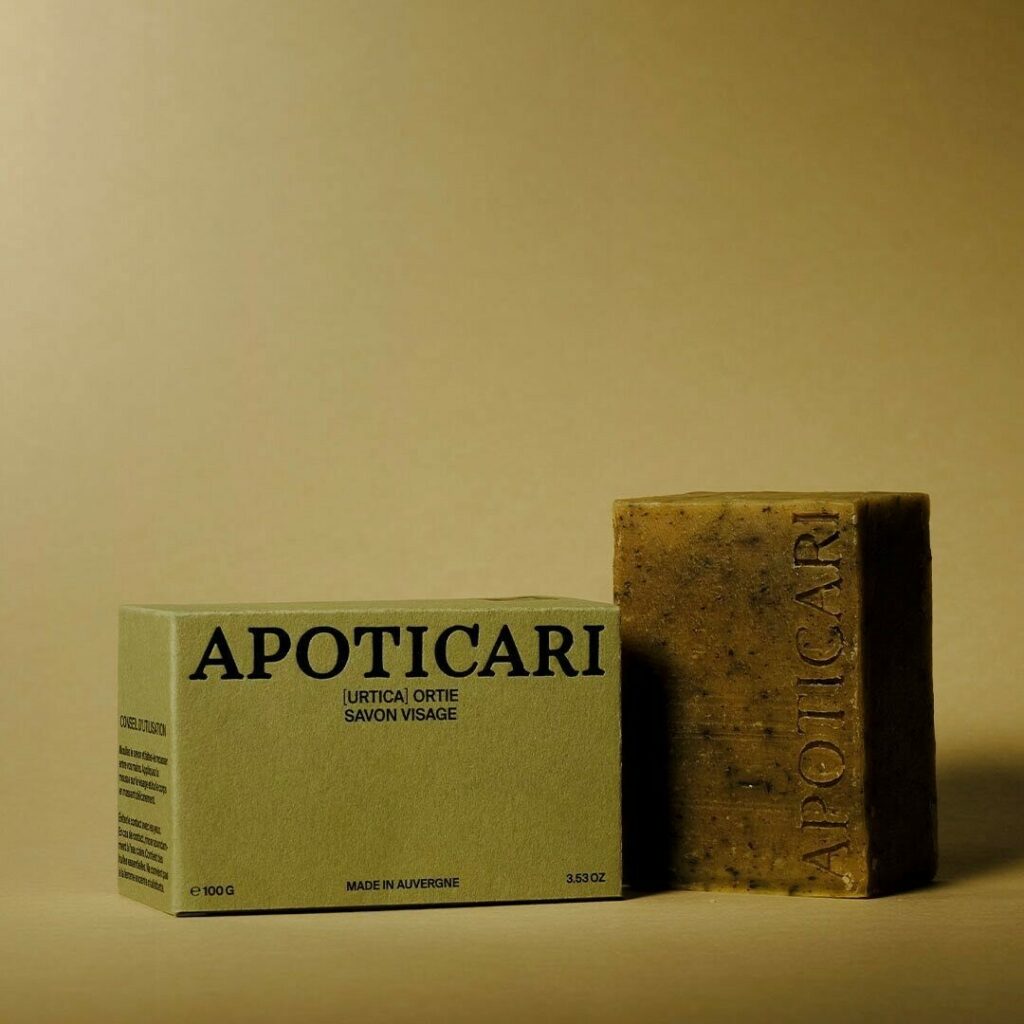 Boites pour savon sur papier recyclé vert sauge avec marquage à chaud noir brillant