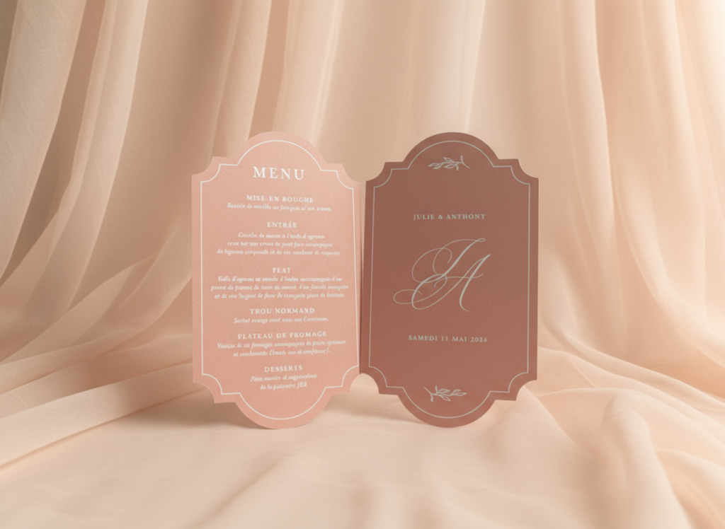 Menu de mariage avec découpe sur mesure sur papier texturé