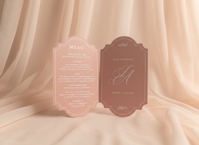 Menu de mariage avec découpe sur mesure sur papier texturé